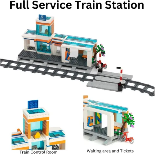Miniatura 7 de Block Builder Juego de bloques de construcción con control remoto de tren de alta velocidad con estación de tren completo (1532 piezas). Bloques