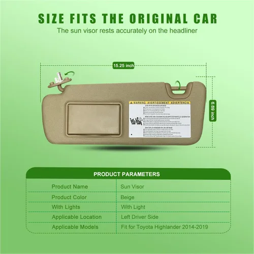 Miniatura 4 de Visera solar para el lado izquierdo del conductor para Toyota Highlander 2014 2015 2016 2017 2018 2019, color beige con luz, reemplaza la parte #