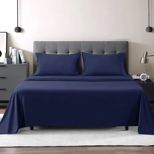 Miniatura 2 de Juego de sábanas de 4 piezas tamaño matrimonial de 800 hilos, 100% algodón, color azul marino, juego de ropa de cama transpirable, se adapta a