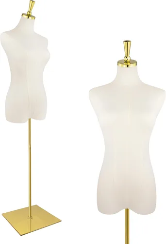Torso de maniquí femenino, 53-73 pulgadas de altura ajustable, maniquí para mujer con soporte de metal dorado, para coser y exhibir color beige