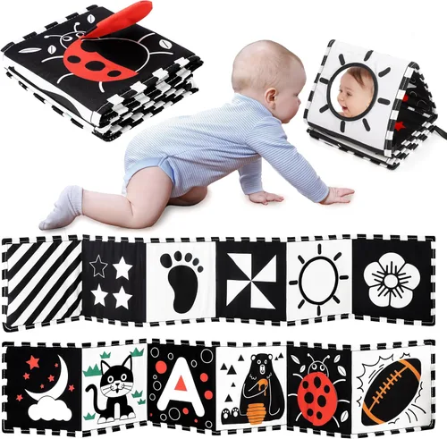 Miniatura 9 de URMYWO Juguetes con espejo para tiempo boca abajo, tarjetas de aprendizaje con estimulación visual, juguetes para bebés de alto contraste en blanco