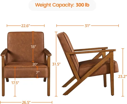 Miniatura 2 de Yaheetech Silla Decorativa, Sillón con Estructura de Madera Resistente, Silla de Estar Moderna y Retro de Piel Sintética para Sala de Marrón claro