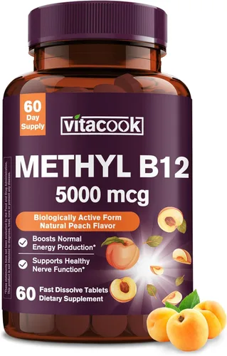 Vitamina B12 sublingual, metilcobalamina 5000mcg para producción de energía, energía, apoyo nervioso y celular, sabor natural de melocotón, vegano,