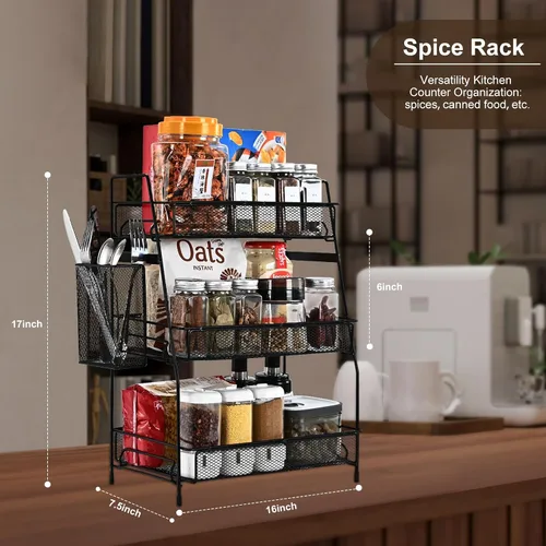 Miniatura 3 de LEMIKKLE Organizador de Contramesa de 3 Niveles en Negro con Cesta