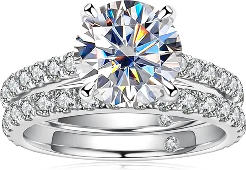 AnuClub Total 4.14ct 3CT Center Moissanite Engagement Rings Wedding Band D Color VVS1 Round Cut 925 Sterling Silver Bridal Sets for Women