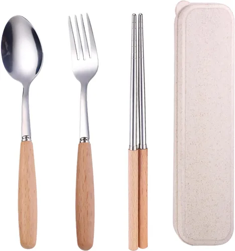 Muka Juego de 3 cubiertos reutilizables con mango de madera con estuche y mango de madera