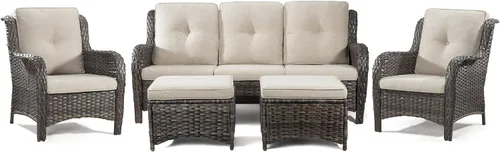 Miniatura 21 de Juego de 2 sillas de patio giratorias de 360 grados para exteriores y mesa auxiliar a juego – 3 sillas deslizantes de mimbre para patio con cojines
