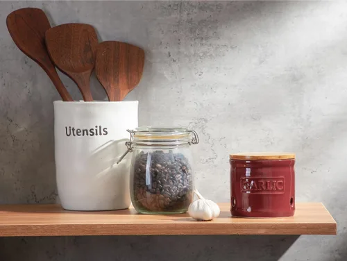 Miniatura 4 de ONEMORE Soporte de ajo con tapa, recipiente de cerámica para ajo de 4 pulgadas, rojo oscuro