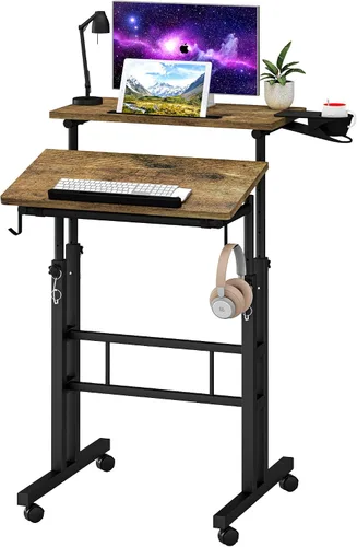 Klvied Escritorio móvil rodante con soporte para tazas, portátil, altura ajustable, pequeño escritorio de pie con ruedas para oficina en casa, Roble