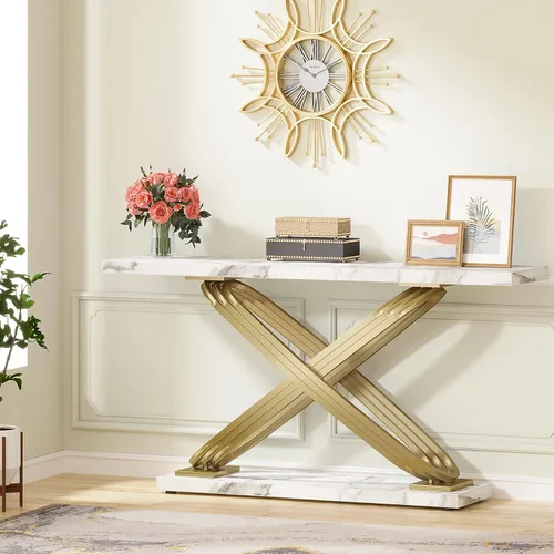 Miniatura 2 de Consola moderna de mármol de 55 pulgadas, mesa larga, estrecha, rectangular, para sala de estar, color dorado y blanco glamuroso, metal, madera