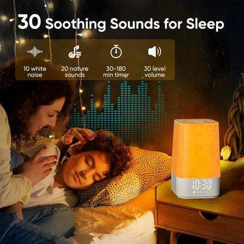 Miniatura 3 de Máquina de Ruido Blanco con 30 Sonidos Relajantes, Temporizador de Sueño, Lámpara de Mesita de Noche Regulable con Luz Nocturna y Reloj, Reloj