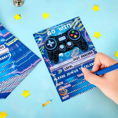 Miniatura 4 de WERNNSAI Invitación para Fiesta de Videojuego - Juego de 24 Tarjetas de Cumpleaños de Juego Azules para Llenar con Sobres y Adhesivo para Niños