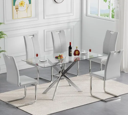 Miniatura 13 de Juego de mesa de comedor redonda de 3 piezas para 2, mesa de cocina moderna de vidrio plateado y sillas para 2 con sillas tapizadas, juego de mesa
