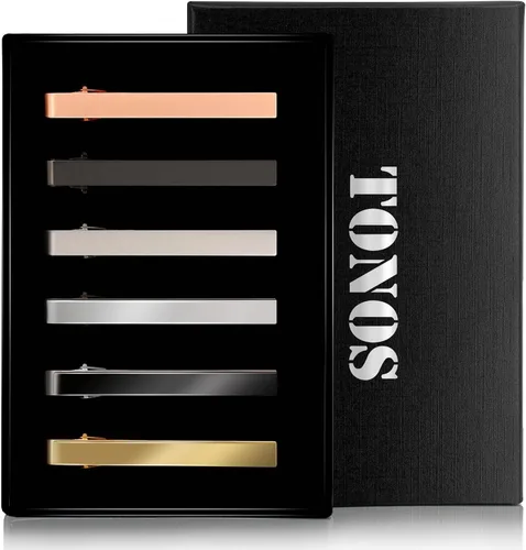 Juego de 6 clips de corbata para hombre, paquete de 6 clips de corbata con elegante caja de regalo, clips de corbata brillantes y mate, color negro,
