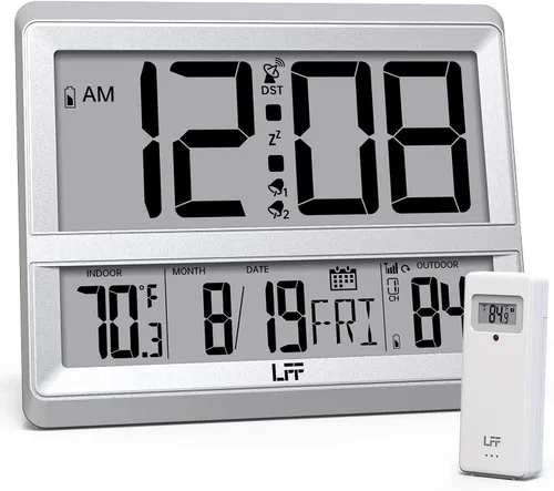 Miniatura 8 de LFF Reloj atómico de pantalla grande, reloj de pared digital con temperatura y fecha para interiores y exteriores, sensor inalámbrico para Negro