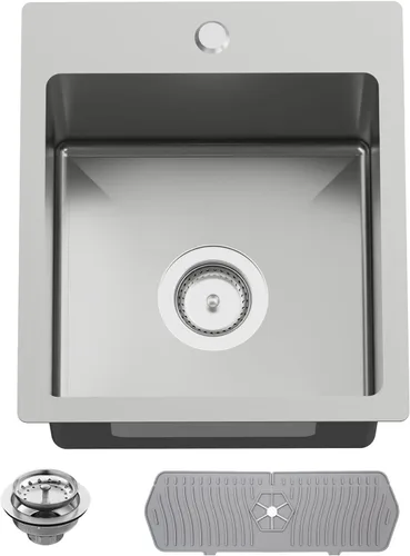 Miniatura 19 de Fregadero Negro de Cocina y Bar, Fregadero de Cocina de Acero Inoxidable de 15 x 17 Pulgadas para Empotrar, Fregadero de Bar Moderno de Un Solo