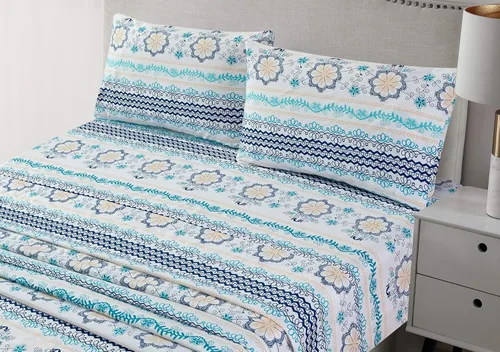 Miniatura 3 de JSD - Juego de sábanas tamaño queen de microfibra suave con estampado floral bohemio azul, 4 piezas, esquinas tipo bolsillos extraprofundos Floral 3