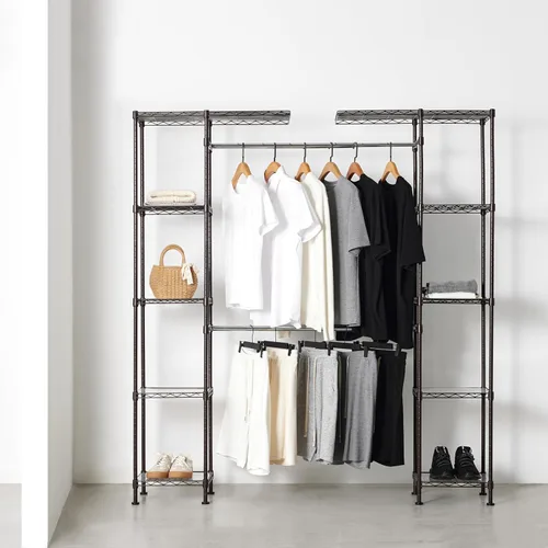 Miniatura 2 de Amazon Basics Organizador de armario colgante de metal expandible y perchero de almacenamiento con estantes, 57-80''L x 14''W x 72''H, Bronce