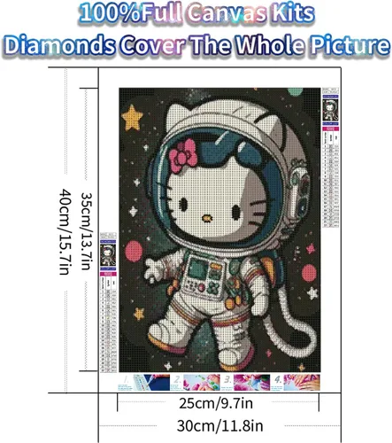 Miniatura 2 de YALKIN Kits de pintura de diamantes 5D para adultos, hazlo tú mismo, astronauta, Hello Kitty, taladro redondo completo (11.8 x 15.7 pulgadas), 16