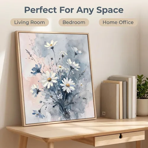 Miniatura 2 de Lienzo decorativo de margaritas azules y rosas, impresión de estilo floral abstracto, arte de ramo de flores silvestres moderno y neutro, decoración