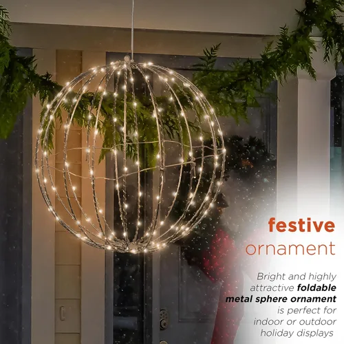Miniatura 5 de Alpine Corporation Adorno colgante de metal plegable para interiores y exteriores de 16 pulgadas de alto, con luces LED blancas cálidas, decoración