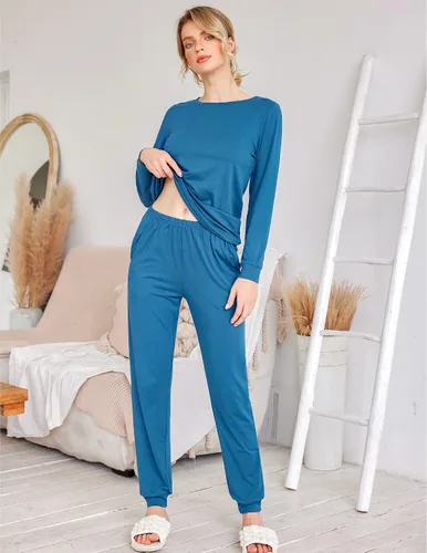 Miniatura 27 de Ekouaer Conjunto de pijama de manga larga para mujer, ropa de dormir suave con cuello redondo y bolsillos