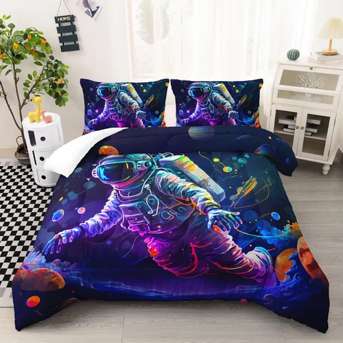 Miniatura 10 de AILONEN Juego de edredón de gato astronauta, tamaño individual, hermoso juego de ropa de cama cósmico estrellado para dormitorio, juego de edredón