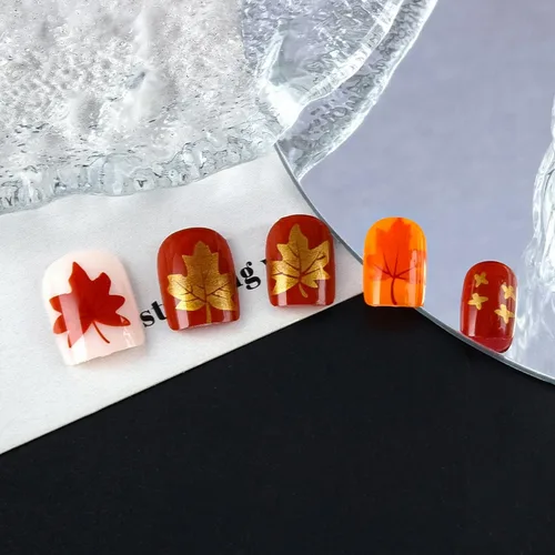 Miniatura 6 de Uñas postizas a presión de otoño, uñas postizas cortas cuadradas de MABKJLF con diseños de hojas de arce, pegamento brillante en uñas, uñas