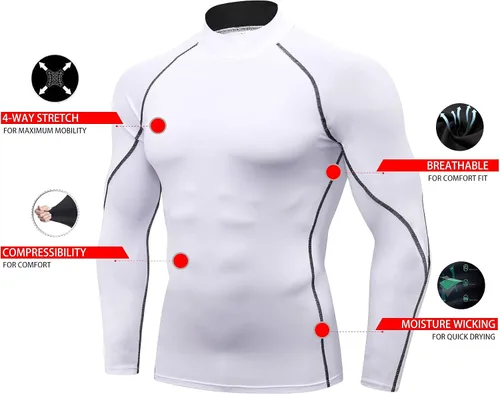 Miniatura 5 de Paquete de 2 camisetas de compresión de cuello alto alto falso para hombre, camiseta deportiva de manga larga que absorbe la capa base atlética