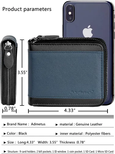 Miniatura 17 de Admetus Billeteras con bloqueo RFID para hombre, billetera de cuero con cremallera para hombres con tarjetero RFID plegable