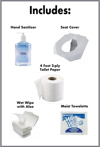 Miniatura 3 de Paquete de baño portátil de viaje de un solo uso con funda de asiento, papel higiénico de 2 capas (4 pies), toallitas húmedas y desinfectante