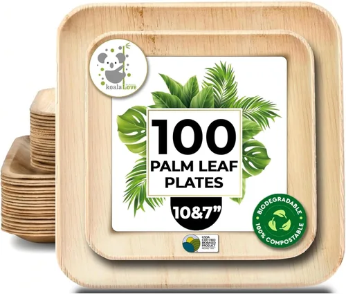 Miniatura 10 de Juego de Fiesta de Platos de Hoja de Palma y Cubiertos de Bambú Pre-Enrollados - Platos Compostables de 10 y 7 Pulgadas, Elegantes Utensilios