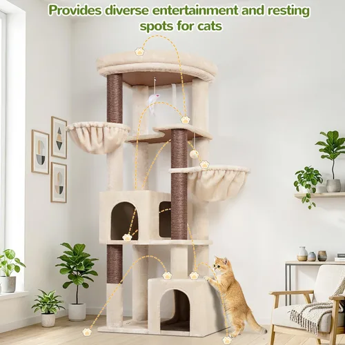 Miniatura 5 de Globlazer Árbol esquinero de 64 pulgadas para gatos grandes de interior, torre para gatos de varios niveles que ahorra espacio con 2 condominios, 2
