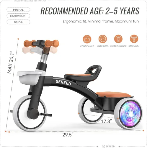 Miniatura 8 de SEREED Triciclo para niños con iluminación colorida para niños de 2 a 5 años, triciclo con asiento y manillar ajustables, cesta extraíble, idea