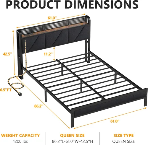 Miniatura 2 de Furnulem Base de cama Queen con cabecero y estante de almacenamiento, luz LED y estación de carga, cama de plataforma de metal con listones