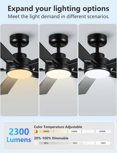 Miniatura 9 de Ventiladores de techo modernos con luces, ventilador de techo negro de 52 pulgadas para exteriores con luz y control remoto, motor CC reversible, 6