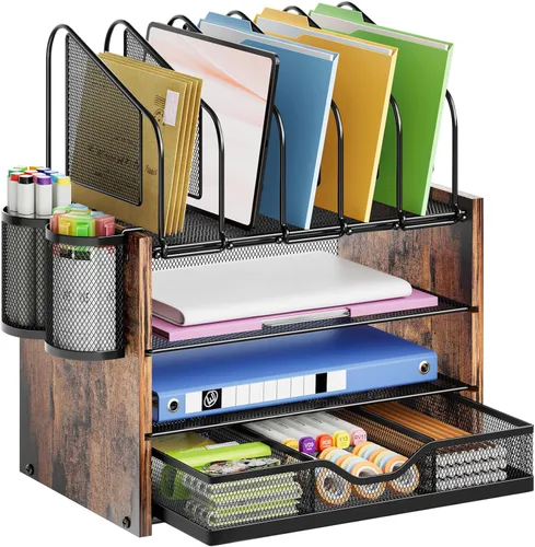 Miniatura 12 de Marbrasse Organizador de escritorio con cajón, organizador de archivos de malla de 4 niveles con 5 soportes verticales para archivos y 2 soportes