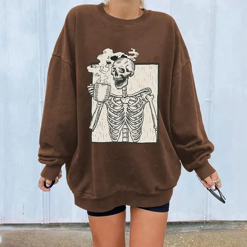 Miniatura 2 de Meladyan - Sudadera de forro polar con estampado de calavera de Halloween de gran tamaño, cuello redondo, manga larga, hombros caídos