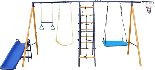 Juego de columpios de metal, 7 en 1 multifunción para niños con columpio en U, columpio cuadrado, red de escalada, escalera de escalada, tobogán,