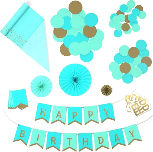Hallmark Crayola - Juego de decoraciones de fiesta de Hallmark Color Pop - Azul aguamarina y dorado (pancarta personalizable, camino de mesa