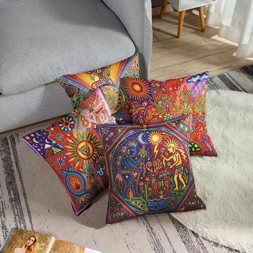 Miniatura 5 de ArtSocket Juego de 4 fundas de almohada de lino Huichol mexicano, fundas de almohada decorativas para decoración del hogar, fundas cuadradas de 16 x