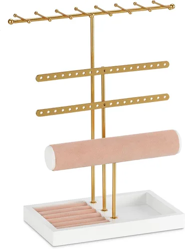 JAZUIHA Organizador de joyas de 4 niveles dorado con organizador de collares, aretes, pulsera, caja de anillo, colgador para exhibición y