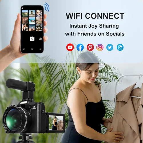 Miniatura 6 de Yatao Cámaras digitales para fotografía y vlogging, pantalla giratoria 6K 64MP, lente dual, micrófono para video, tarjeta TF de 64GB, cámara