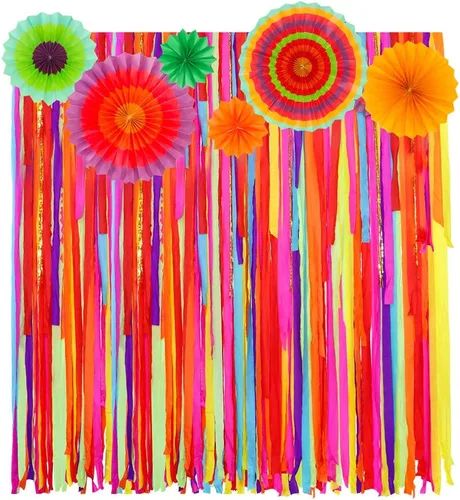 Telón de fondo de fiesta mexicana con abanicos de papel, decoración de fiesta mexicana del Cinco de Mayo, telón de fondo para boda, novia, baby