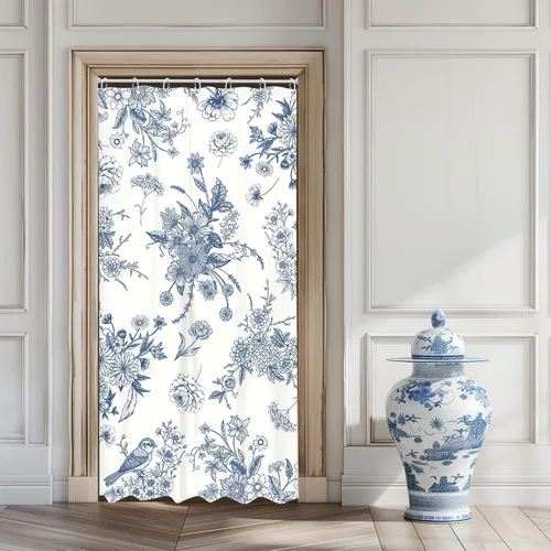Cortina de ducha pequeña estilo boho azul, 36 pulgadas de ancho x 72 pulgadas de alto, diseño vintage floral con pájaros, estilo retro rústico,