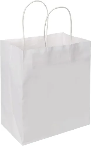 Miniatura 6 de Oikss Paquete de 100 bolsas de papel kraft blancas medianas de 8 x 4.75 x 10 pulgadas con asas a granel para favores de fiestas de cumpleaños, Blanco