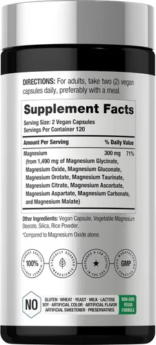 Miniatura 2 de Horbäach Complejo de magnesio 1490 mg 240 cápsulas 10 formas de magnesio elemental Vegano, sin OMG, sin gluten