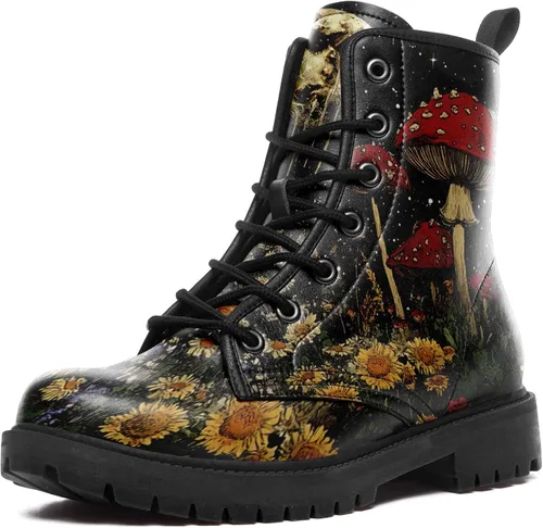 Miniatura 12 de Botas de Combate Florales de Setas para Mujer - Botas Góticas de Bosque Witchcore Tacón Grueso Cuero Vegano Moda con Cordones Botines Negros