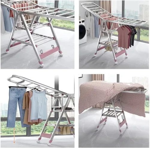 Miniatura 6 de Tendedero plegable para interiores, estante de secado de ropa plegable de 3 niveles, estante de secado independiente, con alas de altura ajustable