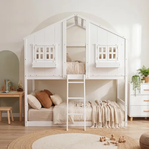 Miniatura 8 de VECELO Full Over Full House Bunk Bed with Safety Rail, Ladder, Windows & Doors, Solid Wood Playhouse Bunk Bed, No Box Spring Needed, White